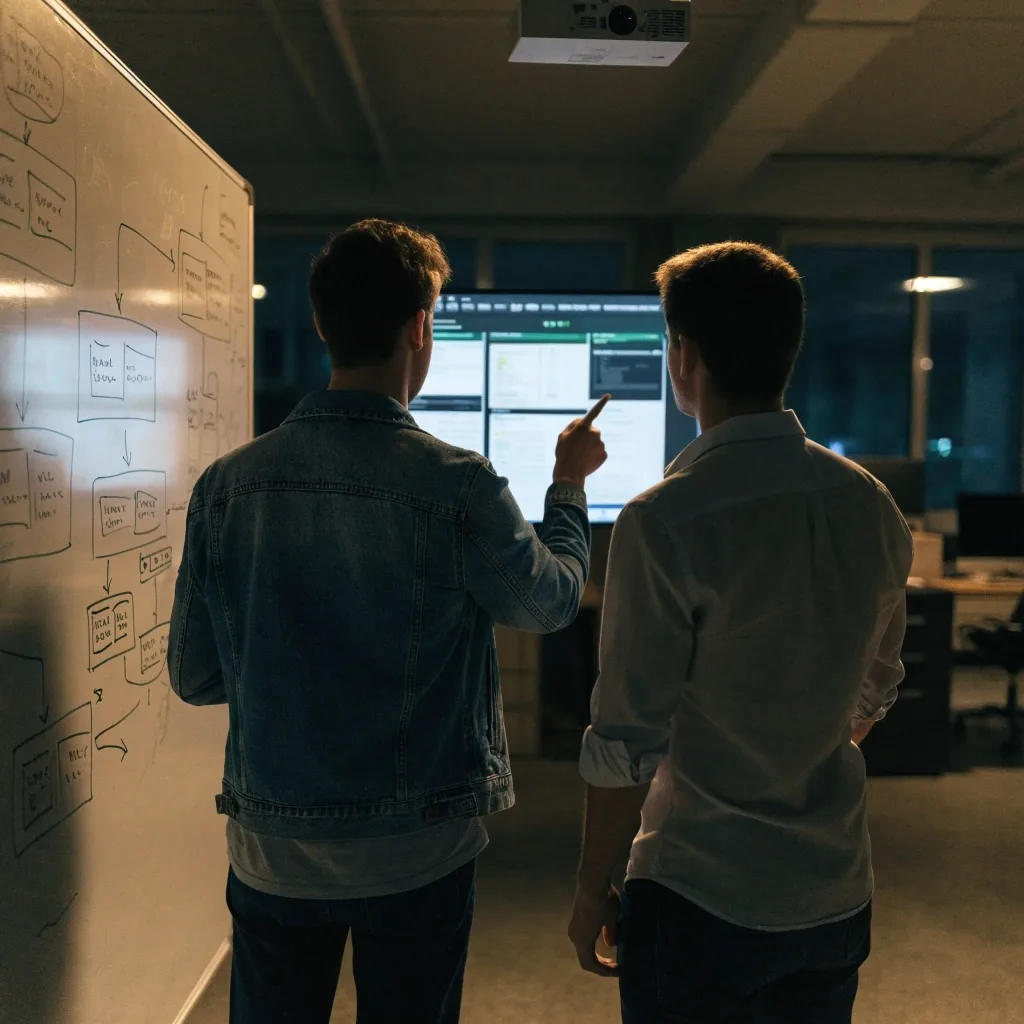 Two engineers reviewing an existing application on a large wall display beside a marker-drawn architecture diagram